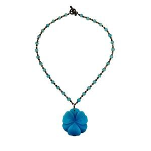 Hawaiian Style Hibiscus Blue Glass Flower Beaded Handmade 17" Necklace